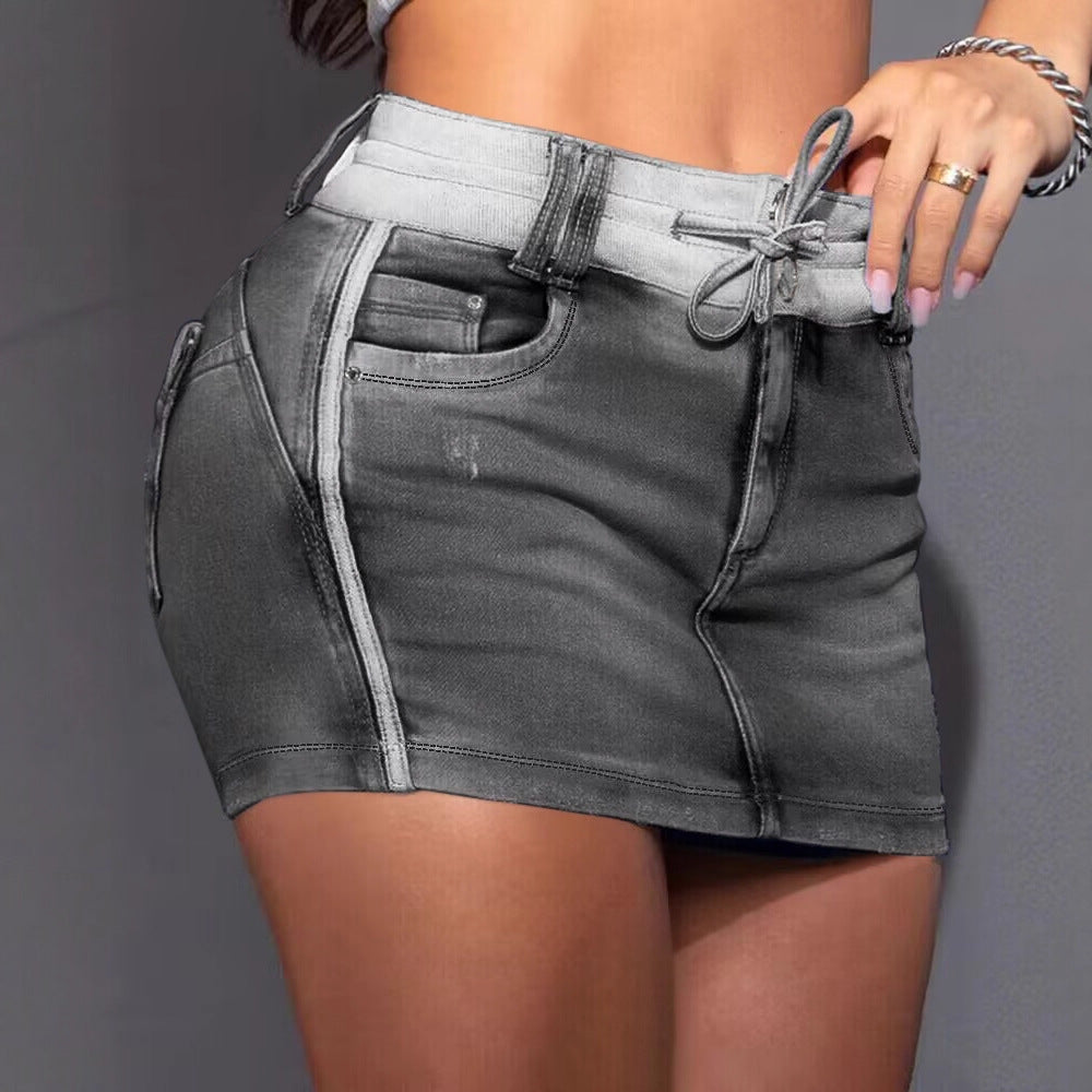 Damen Jeansrock mit lässigem Bund und dekorativem Kordelzug R&B