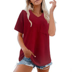 Damen V-Ausschnitt Oversized T-Shirt mit Brusttasche und Rippstruktur R&B