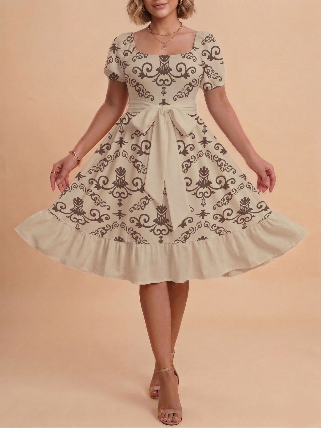 Damen Midikleid mit verspieltem Druck und tailliertem Schnitt R&B