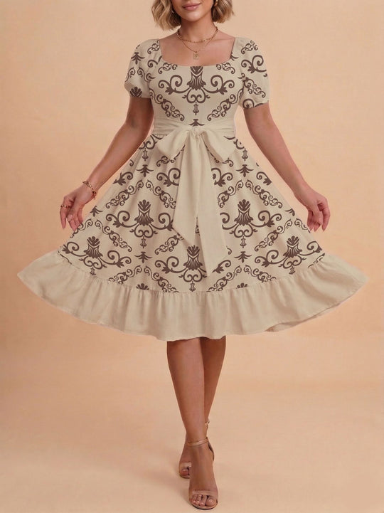 Damen Midikleid mit verspieltem Druck und tailliertem Schnitt R&B