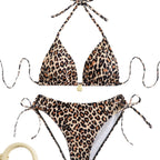Damen Triangel-Bikini mit verspielten BindR&Bändern und modischem Leopardenmuster R&B