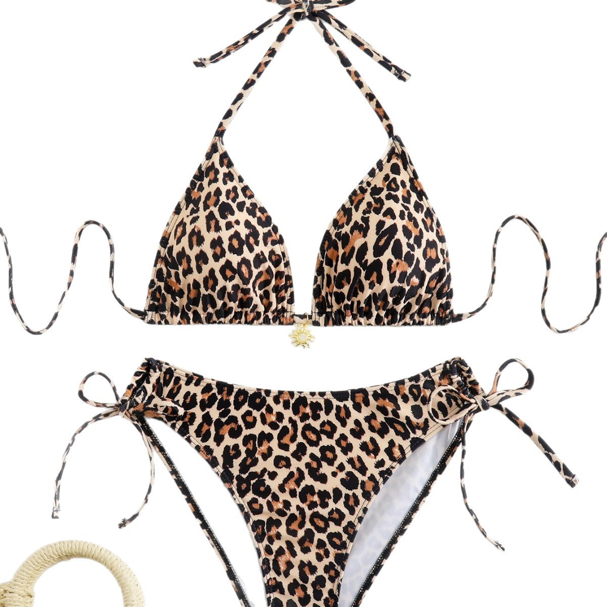 Damen Triangel-Bikini mit verspielten BindR&Bändern und modischem Leopardenmuster R&B