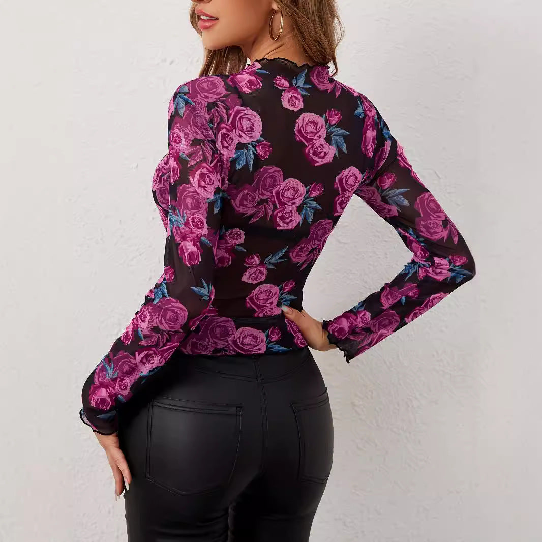 Damen Transparente Langarm-Bluse mit floralem Design R&B