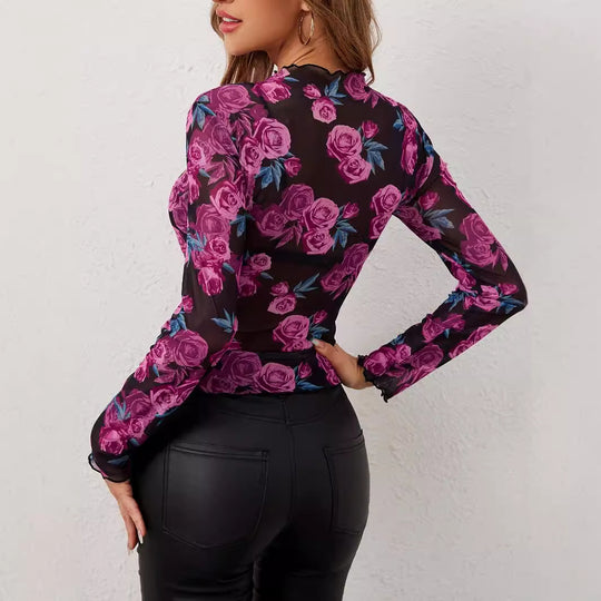 Damen Transparente Langarm-Bluse mit floralem Design R&B