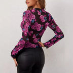 Damen nan tailliertes Mesh-Shirt mit floralen Rosenmotiven, hohem Stehkragen und welligem Saum R&B