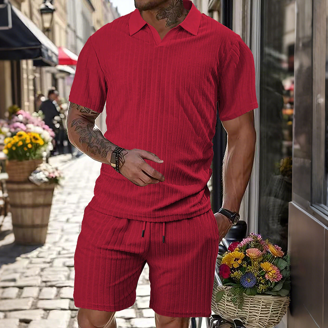 Herren nan Strick-Lounge-Ensemble mit Polokragen V‑Einsatz und Tunnelzug-Bermudas R&B