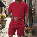 Herren nan Strick-Lounge-Ensemble mit Polokragen V‑Einsatz und Tunnelzug-Bermudas R&B