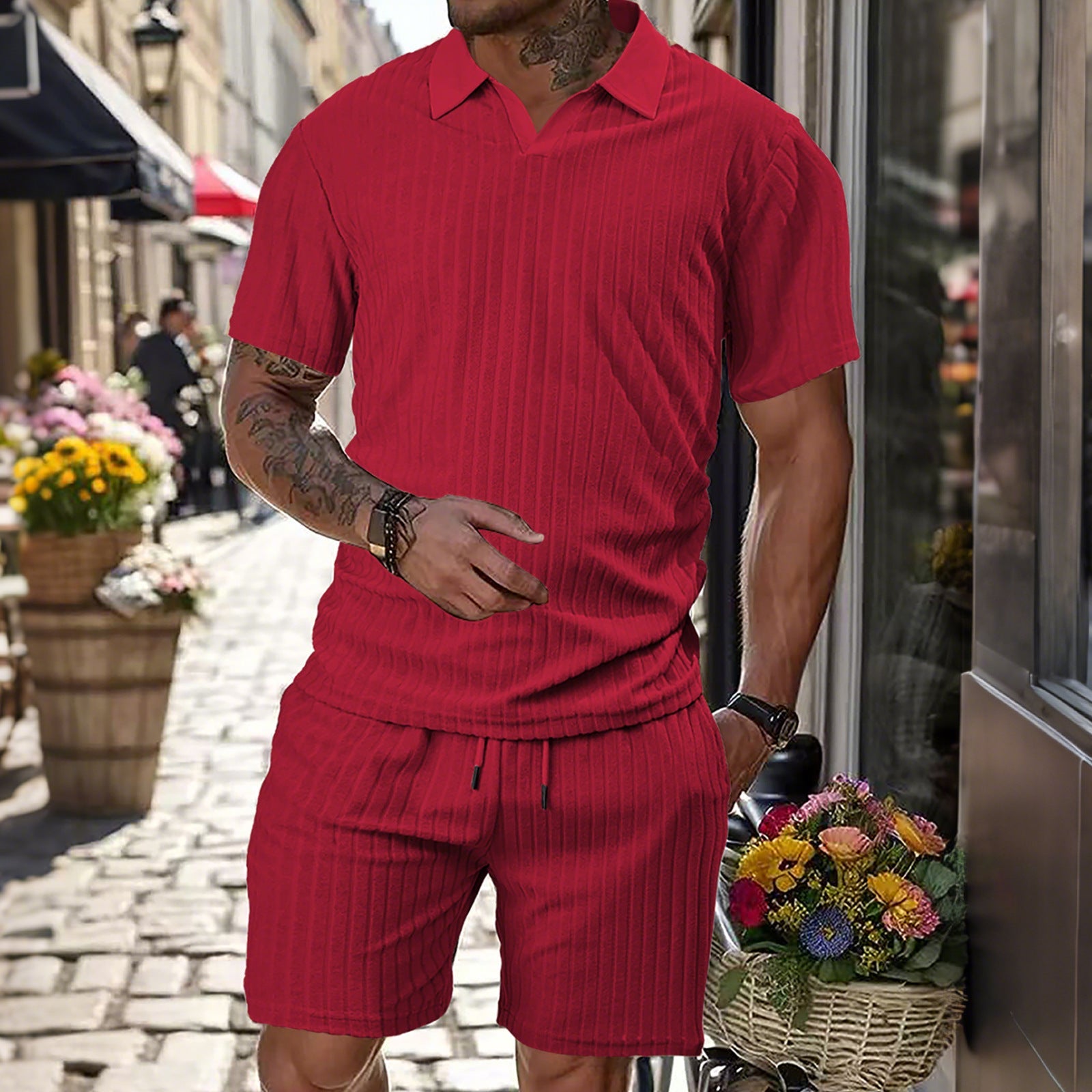 Herren nan Strick-Lounge-Ensemble mit Polokragen V‑Einsatz und Tunnelzug-Bermudas R&B