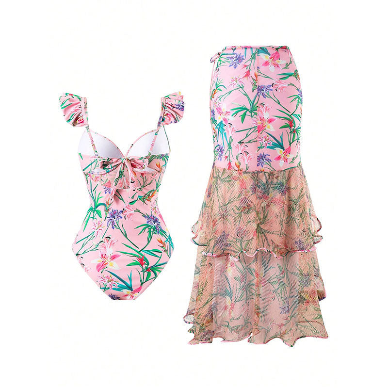 Damen Einteiler Badeanzug mit floralem Wickelrock R&B