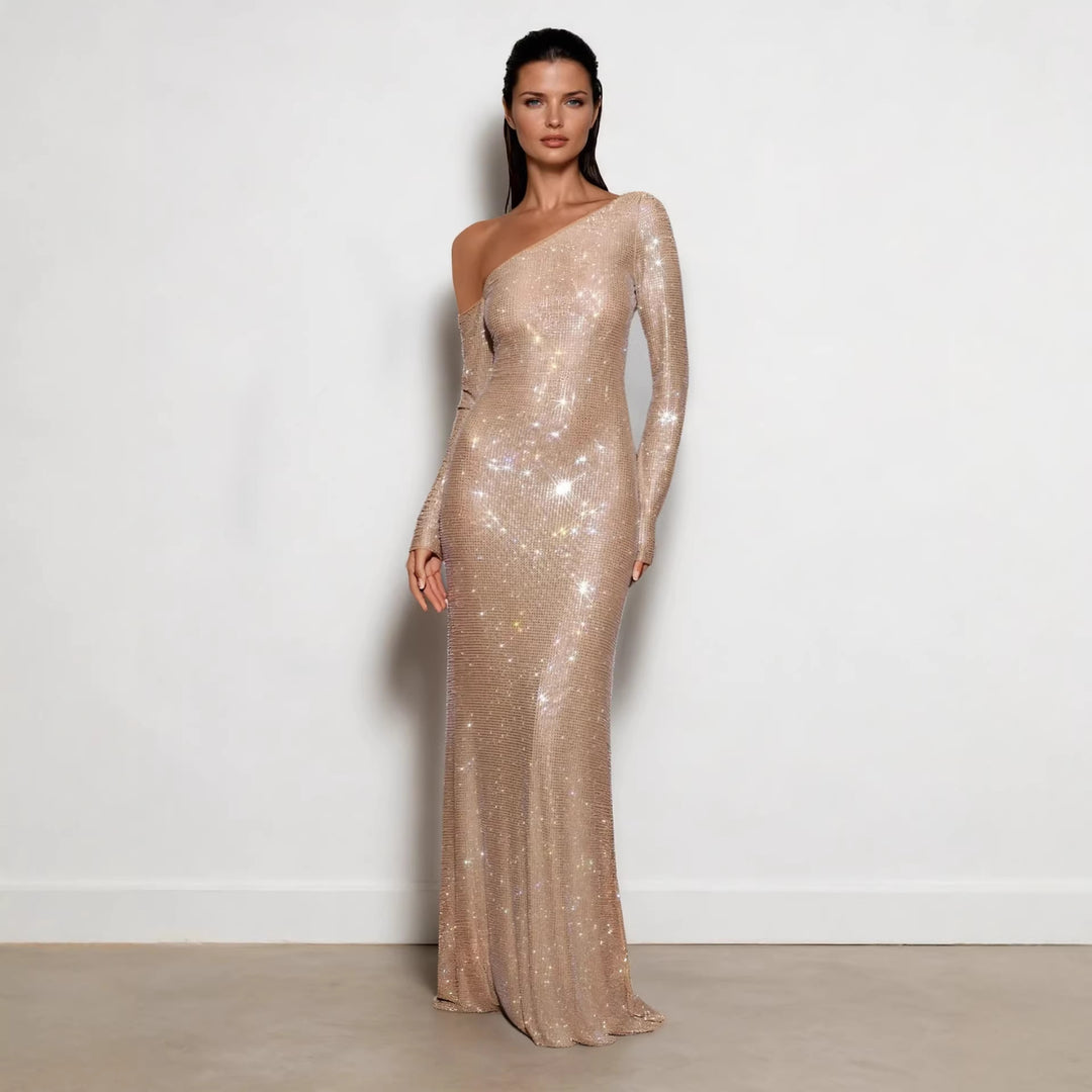 Damen Figurbetontes Abendkleid mit schimmerndem Paillettenbesatz und asymmetrischem Ausschnitt R&B
