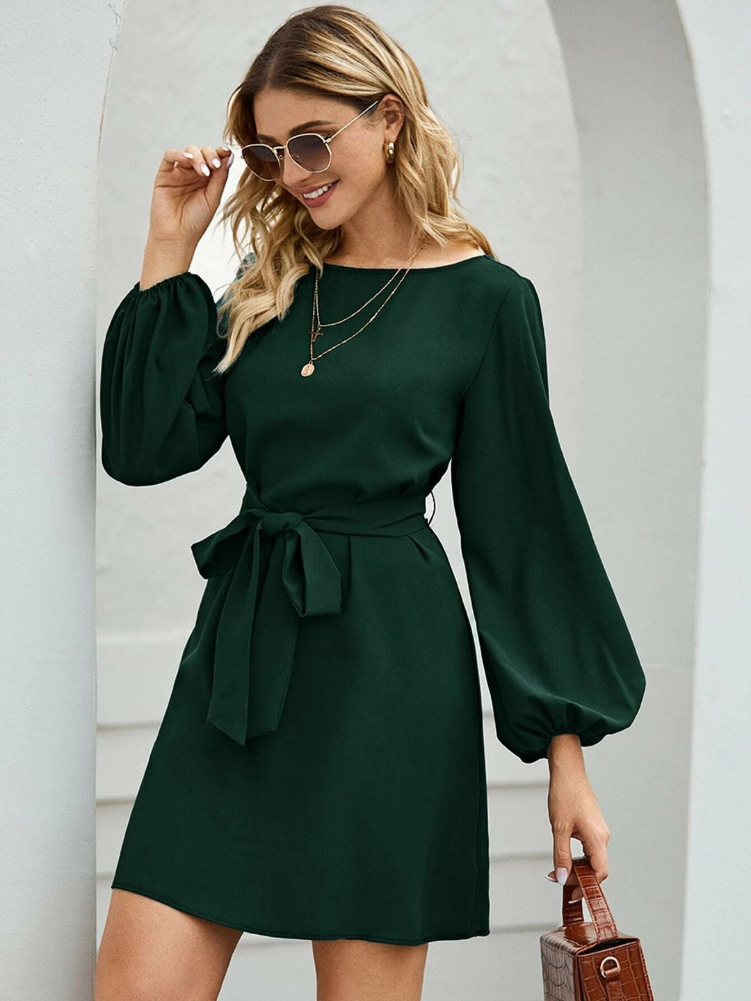 Damen Elegantes Kleid mit Ballonärmeln und Taillengürtel R&B