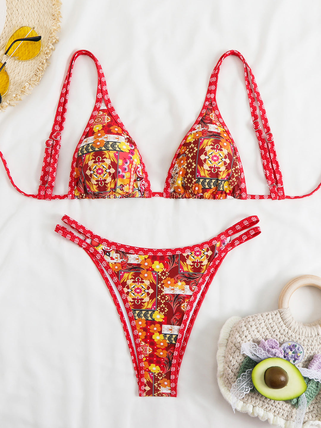 Damen Triangel-Bikini-Set mit verstellbaren Trägern und floralem Muster R&B