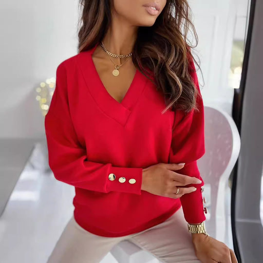 Damen eleganter V-Ausschnitt Pullover mit stilvollen Knopfdetails R&B