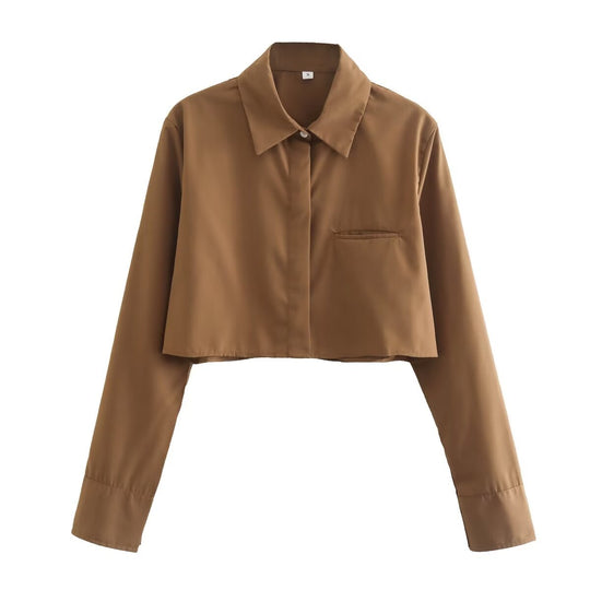 Damen cropped Bluse mit klassischem Kragen und praktischen Brusttaschen R&B