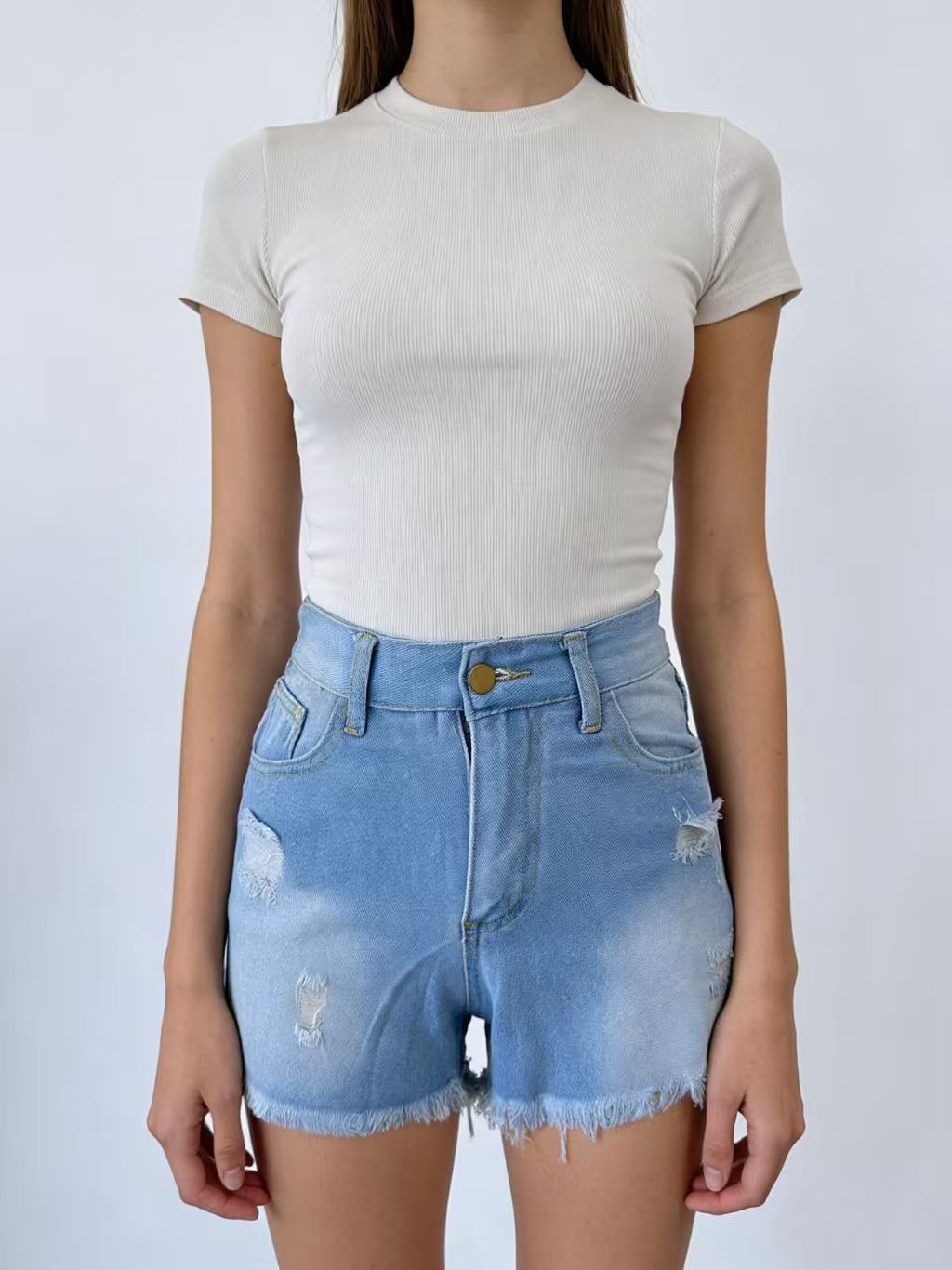 Damen Crop Top und High-Waist Jeans-Shorts R&B