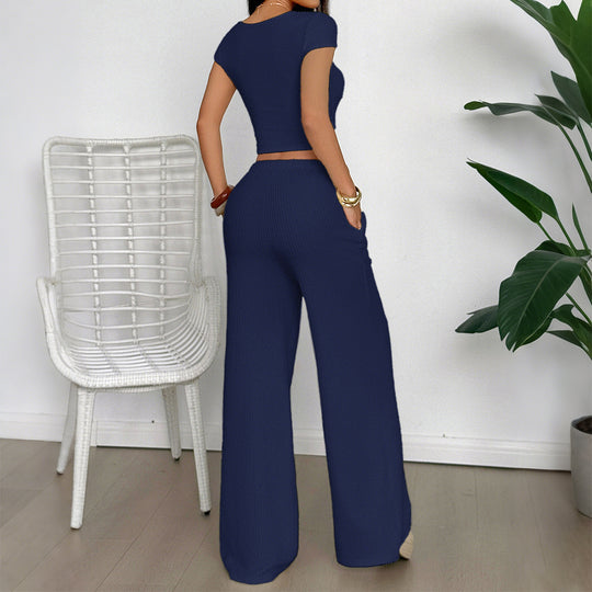 Damen Lässiges Zweiteiliges Set mit cropped Oberteil und weitem Hosen R&B