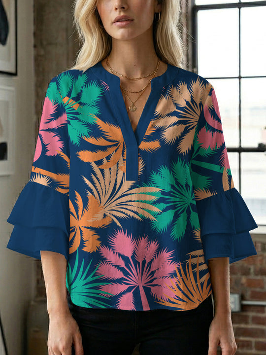 Damen Bluse mit voluminösen Rüschenärmeln und modernem Motiv R&B