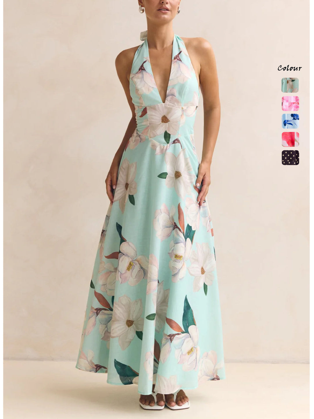 Damen Maxikleid mit tiefem V-Ausschnitt und floralen Akzenten R&B
