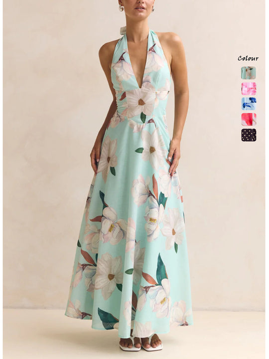 Damen Maxikleid mit tiefem V-Ausschnitt und floralen Akzenten R&B