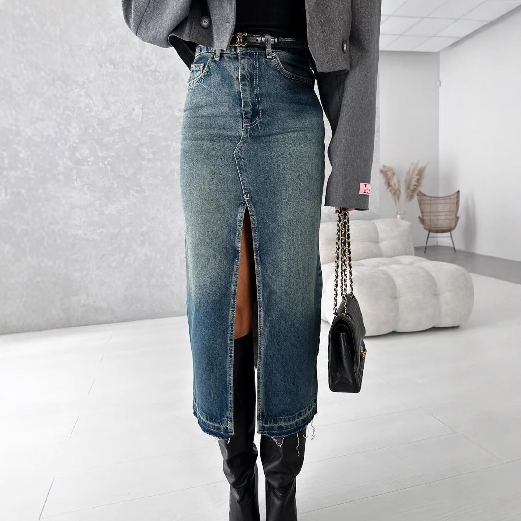 Damen Jeansrock mit hohem Schlitz im modernen Used-Look R&B
