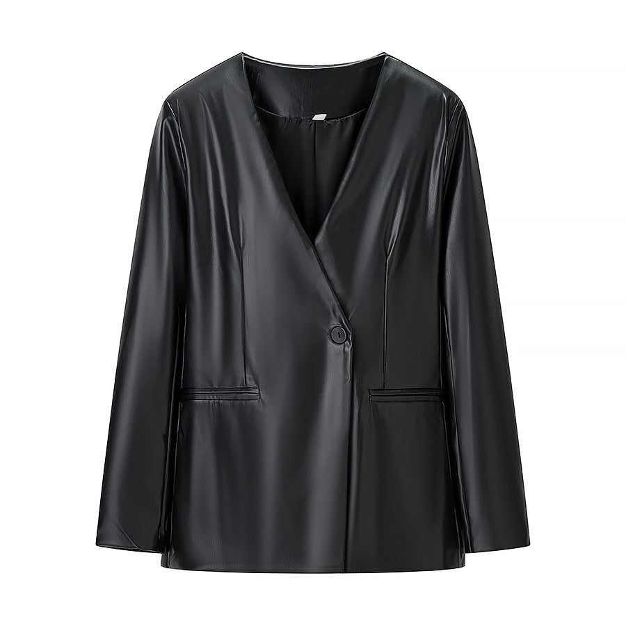 Damen elegante Longblazer aus hochwertigem Kunstleder R&B