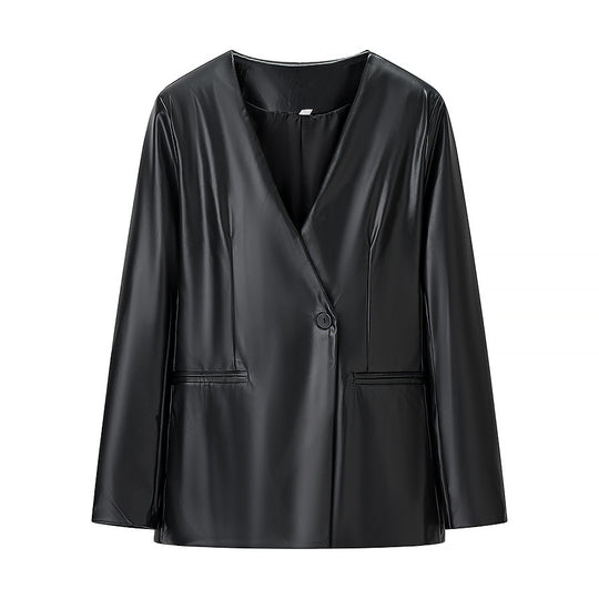 Damen elegante Longblazer aus hochwertigem Kunstleder R&B