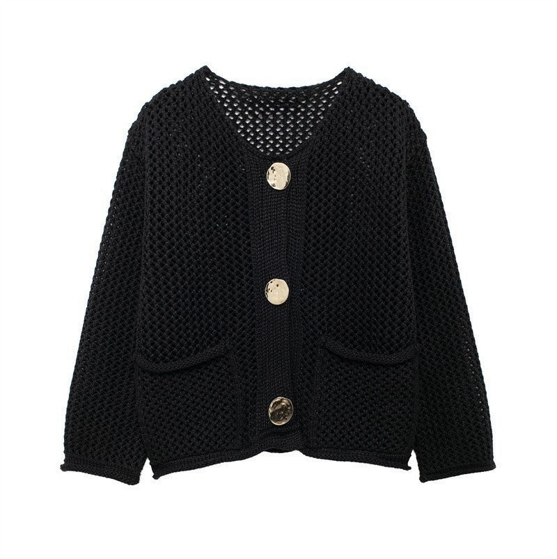 Damen luftige Strickjacke mit durchbrochenem Muster und praktischen Taschen R&B