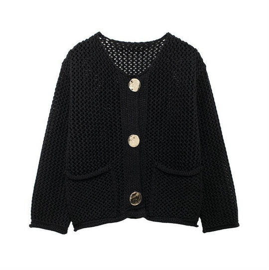 Damen luftige Strickjacke mit durchbrochenem Muster und praktischen Taschen R&B