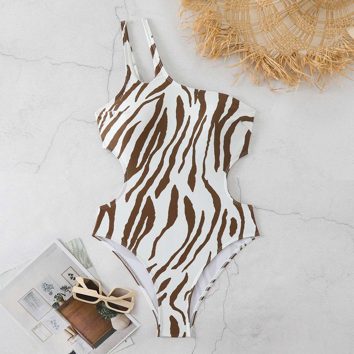 Damen Asymmetrischer Einteiler Badeanzug mit Tiermotiv R&B