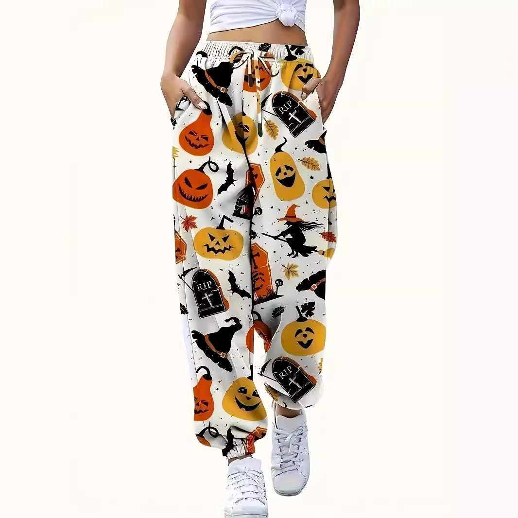 Damen Freizeithosen mit Halloween-Motiv und elastischem Bund R&B