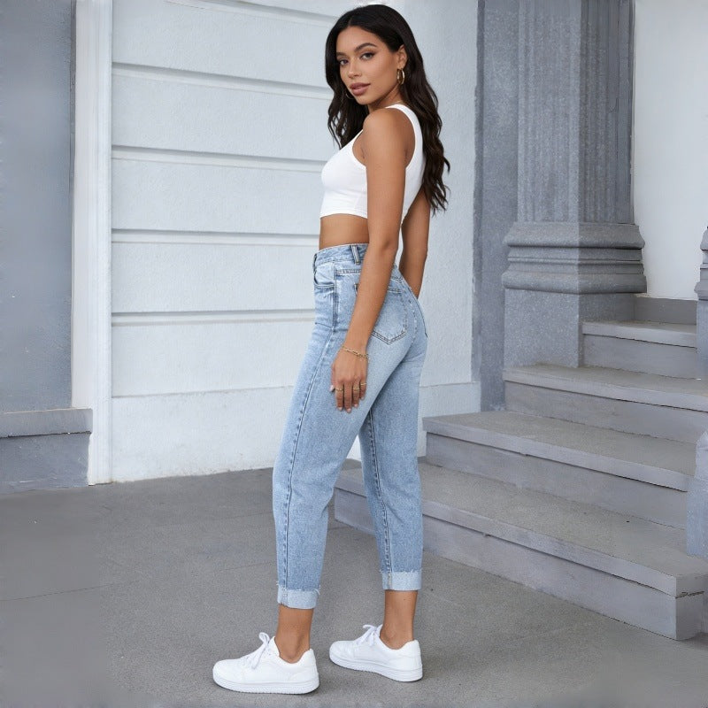 Damen Hochgeschnittene Jeans mit ausgefranztem Saum R&B