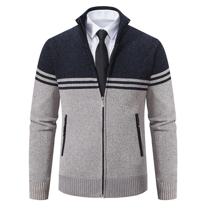 Herren sportliche und modische Strickjacke mit Reißverschluss und kontrastierenden Streifen R&B