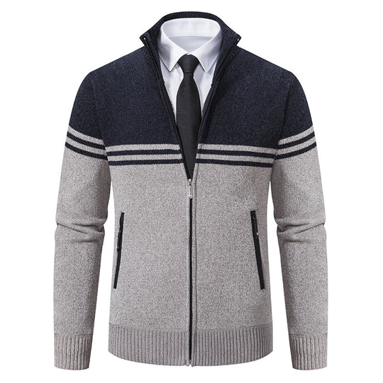 Herren sportliche und modische Strickjacke mit Reißverschluss und kontrastierenden Streifen R&B
