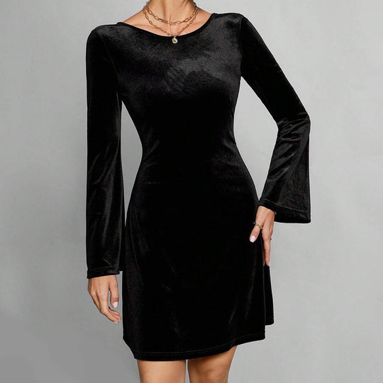 Damen Elegantes und samtiges Midikleid mit langen Ärmeln R&B