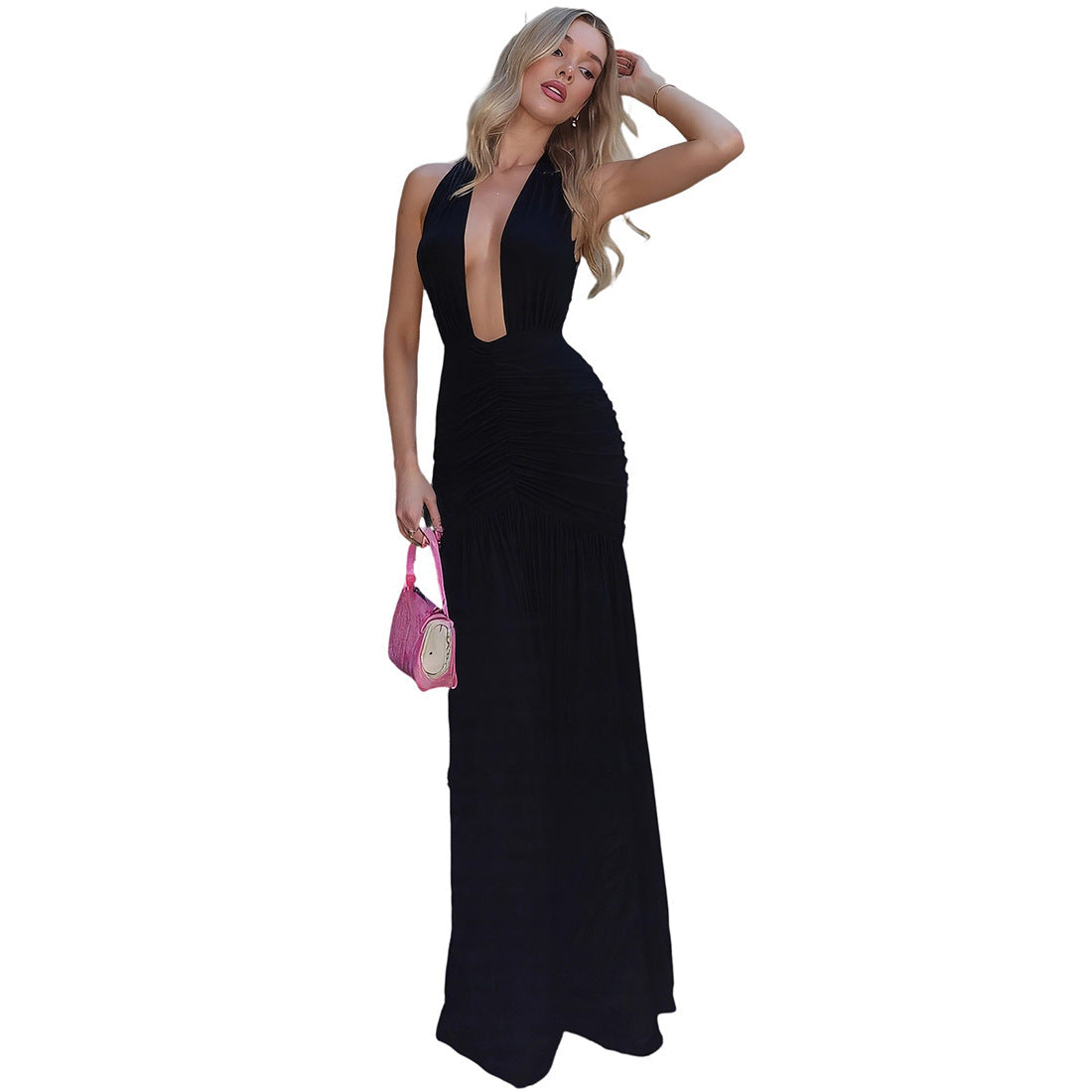 Damen Elegantes Maxikleid mit tiefem V-Ausschnitt und raffinierten Raffungselementen R&B