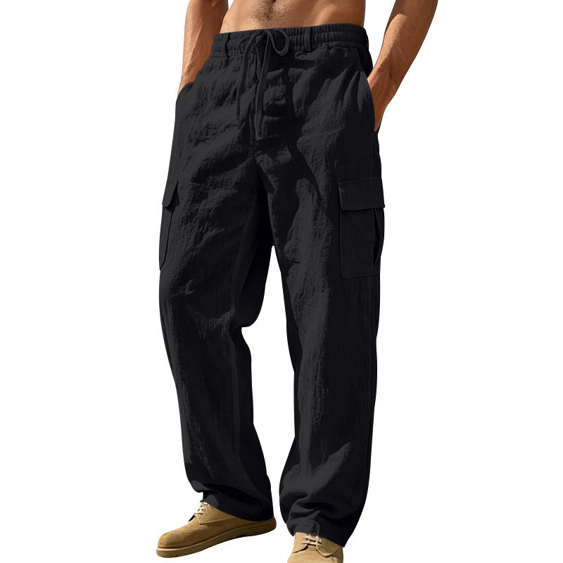 Herren nan entspannt geschnittene Strand-Cargohose aus Leinenblend mit elastischem Tunnelzug und zweifacher Klapptasche R&B