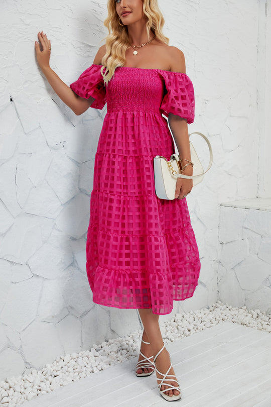 Damen Midikleid mit Off-Shoulder-Design und luftigen Puffärmeln R&B