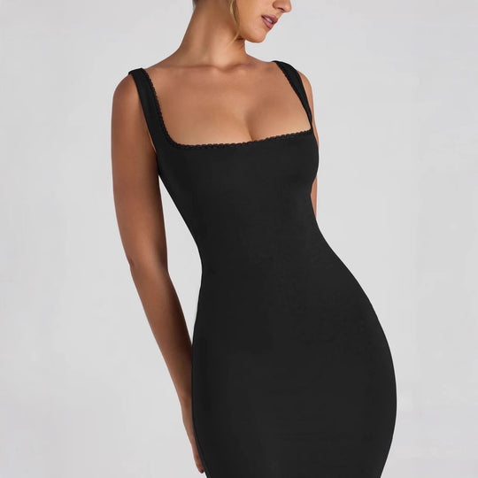 Damen figurbetontes Midikleid mit quadratischem Ausschnitt und Spitzenakzenten R&B