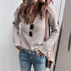 Damen V-Ausschnitt Strickpullover mit lässiger Passform und lockeren Ärmeln R&B