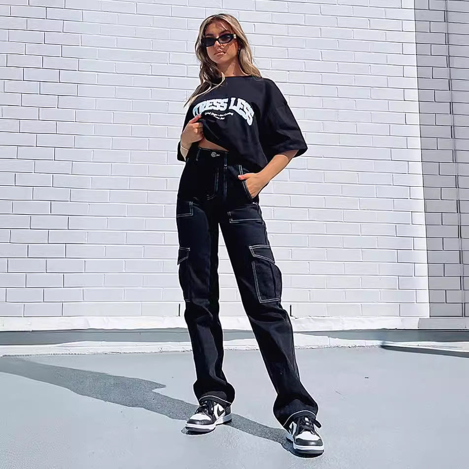 Damen Cargo-Jeans im modernen Schnitt mit praktischen Taschen und stilvollen Kontrastnähten R&B