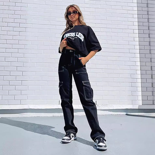 Damen Cargo-Jeans im modernen Schnitt mit praktischen Taschen und stilvollen Kontrastnähten R&B