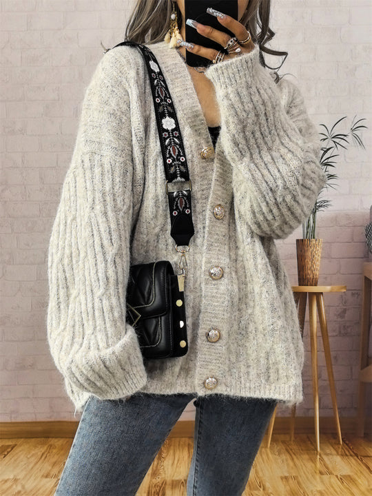 Damen Grobstrickjacke mit modischen Knöpfen und lässigem Schnitt R&B
