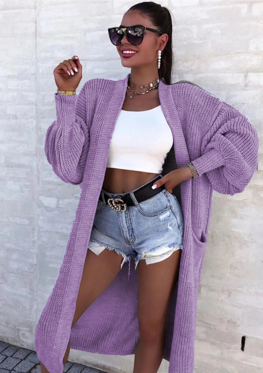 Damen lässiger Strickkarte mit tiefem V-Ausschnitt und großzügigen Taschen R&B