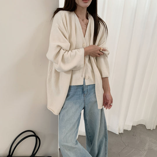 Damen Kuscheliger Strickcardigan mit großer Knopfleiste und Ballonärmeln R&B