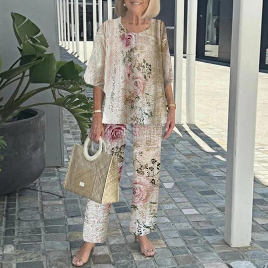 Damen nan Lagen-Tunika mit Cape-Ärmeln und knöchellanger Geradebeinhose mit Grafikprint R&B