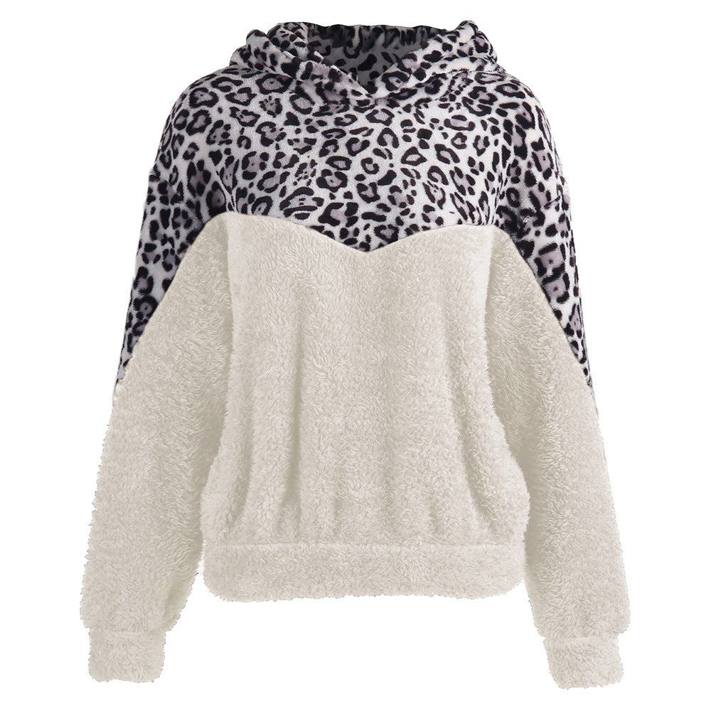 Damen Gemütlicher Teddy-Pullover mit Kapuze und Leopardenmuster R&B