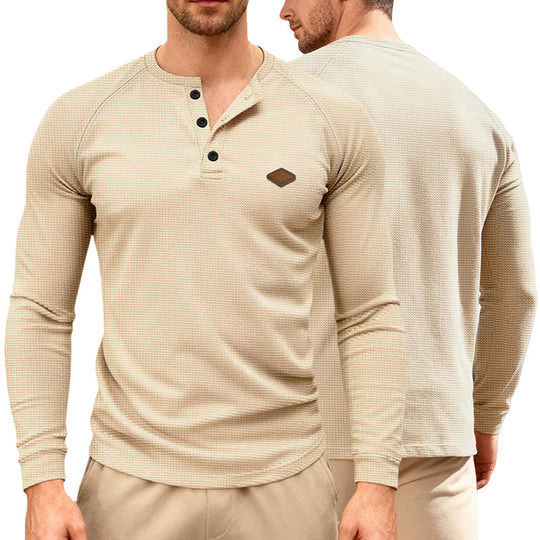 Herren nan Waffelstrick-Henley Langarmshirt mit Raglanärmeln, Halbknopfleiste und Lederlabel R&B