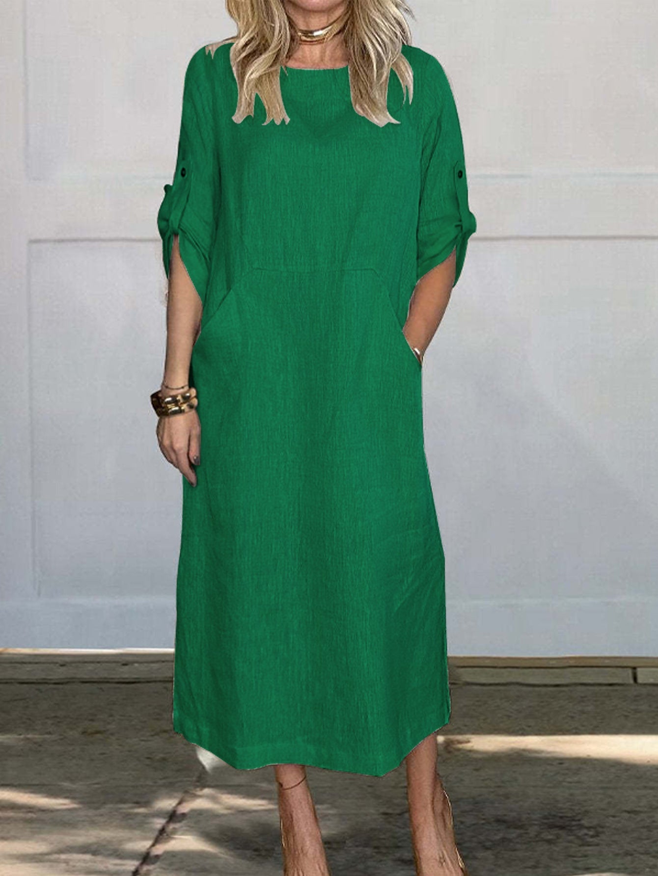 Damen lässiges Maxikleid mit praktischen Taschen und hochgekrempelten Ärmeln R&B