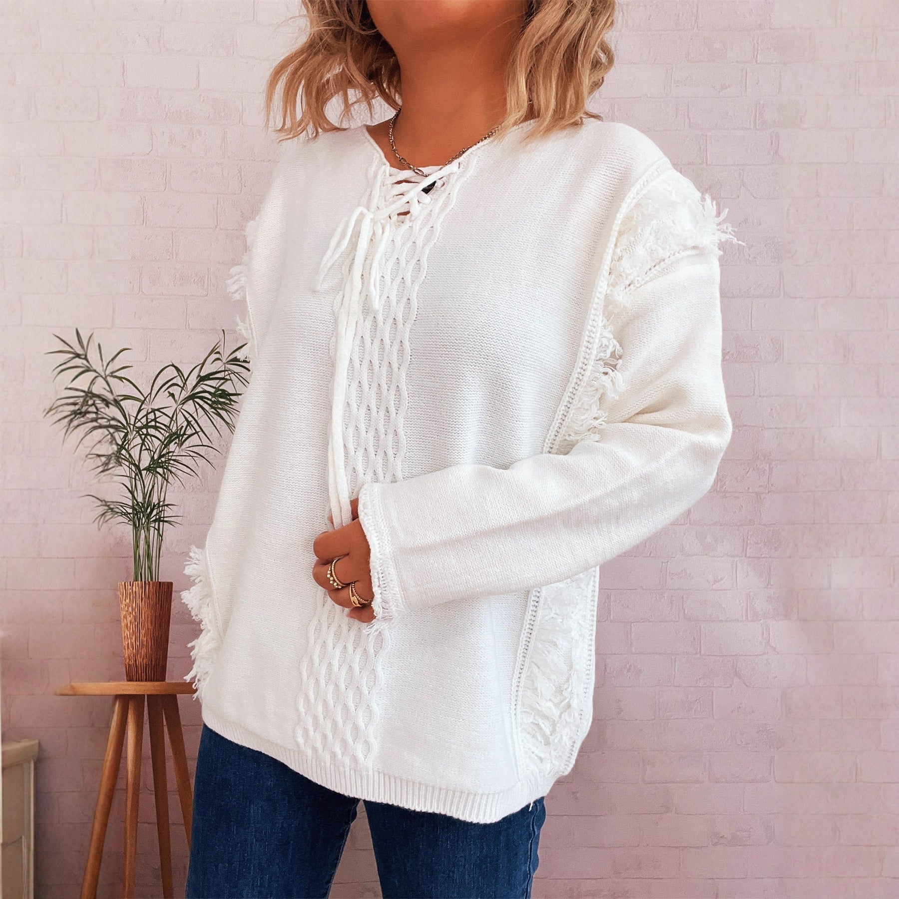 Damen Oversize-Strickpullover mit verspieltem Fransen-Design und Zopfmuster R&B