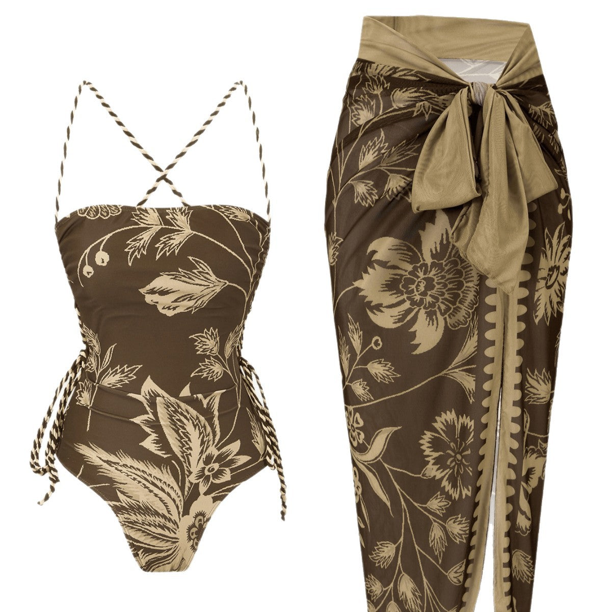 Damen Eleganter Floral Badeanzug mit passendem Wickelrock R&B